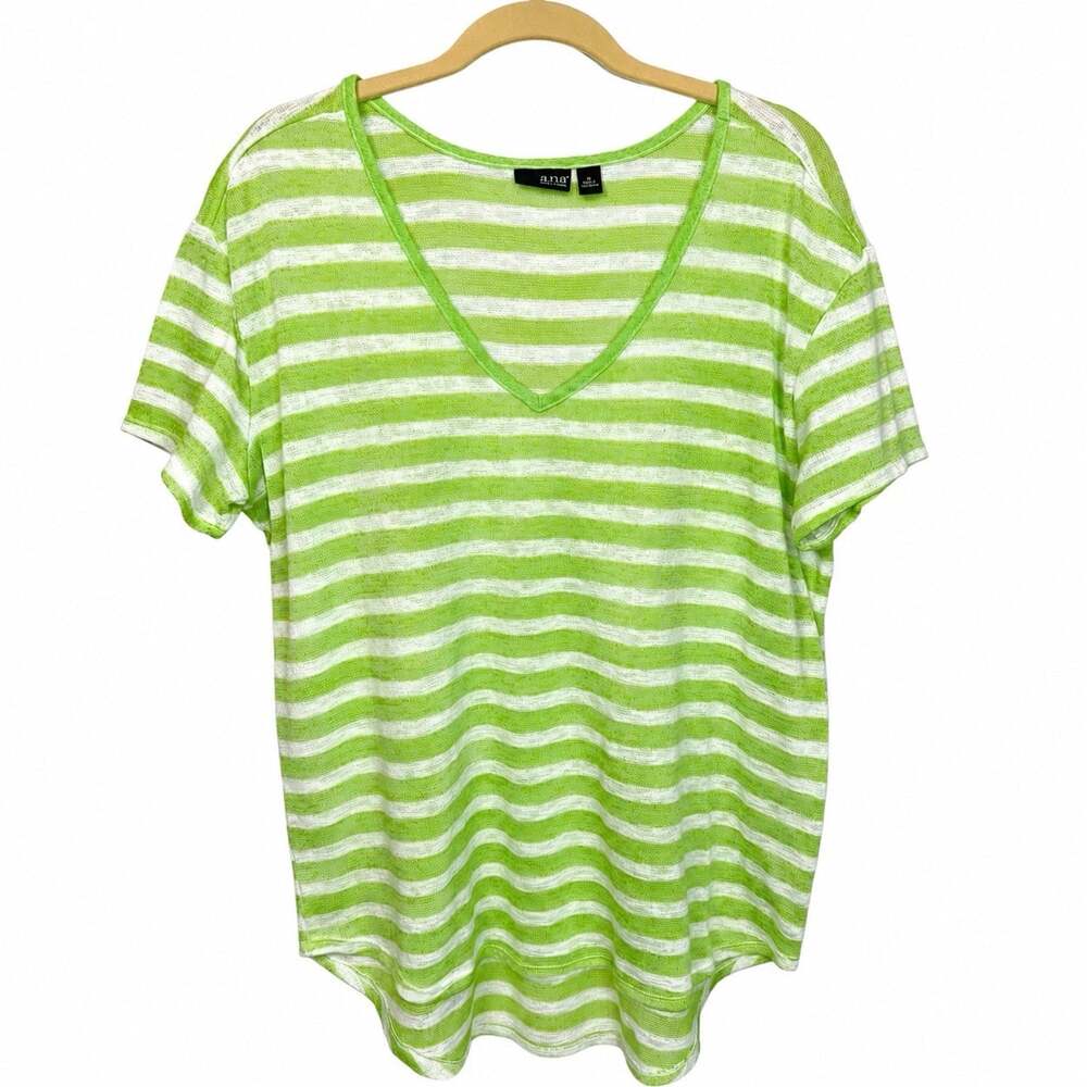 a.n.a Women’s XL Green White Striped V-Neck Short Sleeve Knit Top Lightweight